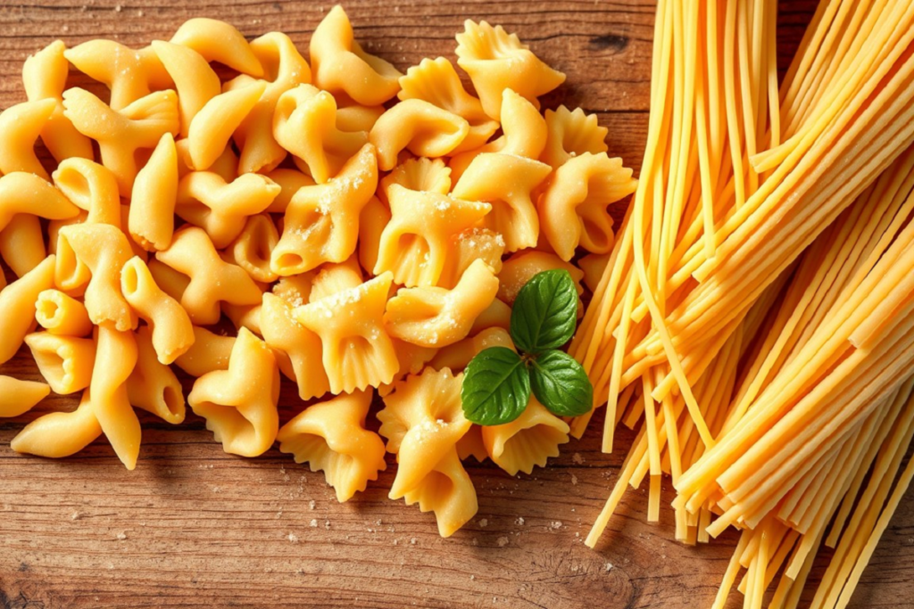 A close-up of uncooked pasta shapes on a wooden surface, featuring a pile of short pasta pieces and long spaghetti strands, with a garnish of fresh basil leaves.