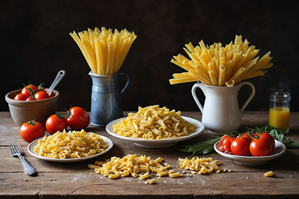 A rustic kitchen scene featuring different pasta shapes arranged in plates and jugs on a wooden table, accompanied by fresh tomatoes and basil leaves, with a dark background highlighting the warm, earthy tones.