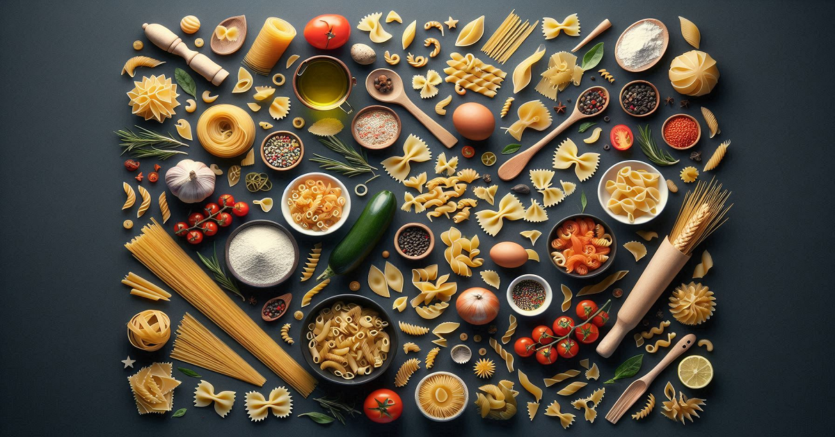 An overhead view of various pasta shapes and ingredients such as olive oil, garlic, tomatoes, zucchini, and flour, beautifully arranged on a dark surface, showcasing a diverse range of pasta forms and Italian culinary essentials.