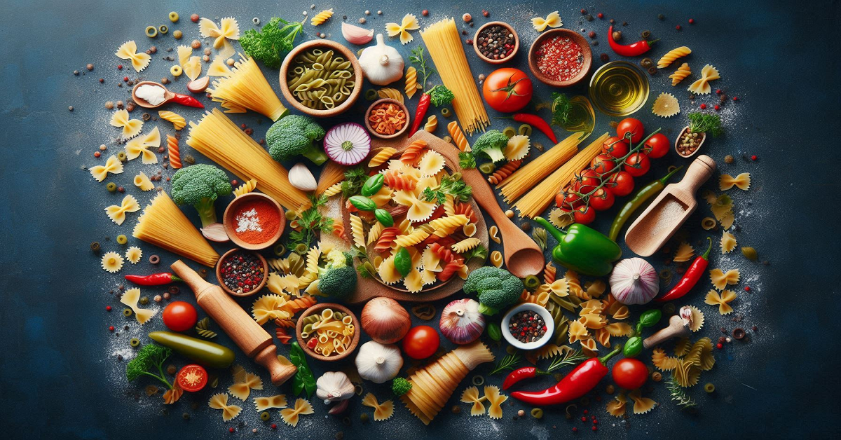 An overhead view of a colorful and vibrant assortment of pasta, vegetables, and spices spread out on a dark surface, featuring ingredients like broccoli, tomatoes, garlic, and a variety of pasta shapes, creating a rich and inviting culinary scene.