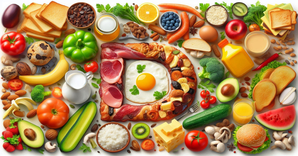 An overhead view of a colorful assortment of breakfast foods and fresh ingredients arranged around a central plate with a fried egg, bacon, and assorted nuts, surrounded by fruits, vegetables, toast, and beverages on a white background.