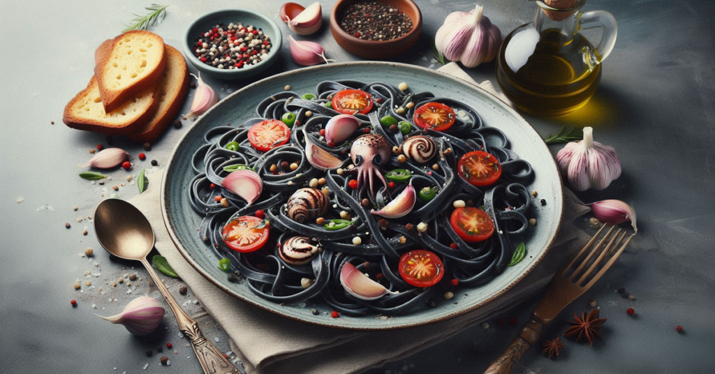 A gourmet dish featuring black squid ink pasta garnished with cherry tomatoes, garlic cloves, and baby octopus, elegantly plated and served with a side of toasted bread, olive oil, and seasoning on a gray surface.