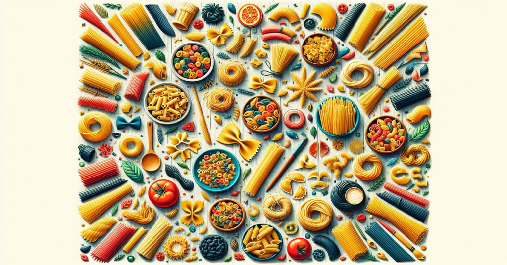 A colorful and stylized illustration of various pasta shapes and ingredients, including tomatoes, herbs, and spices, arranged in an artistic and playful pattern on a light background.