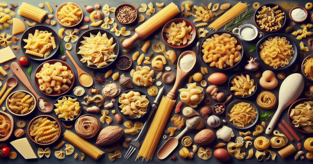 An overhead view of a variety of pasta shapes arranged in bowls and scattered on a dark surface, accompanied by wooden utensils, spices, and ingredients, creating a warm and inviting culinary scene.