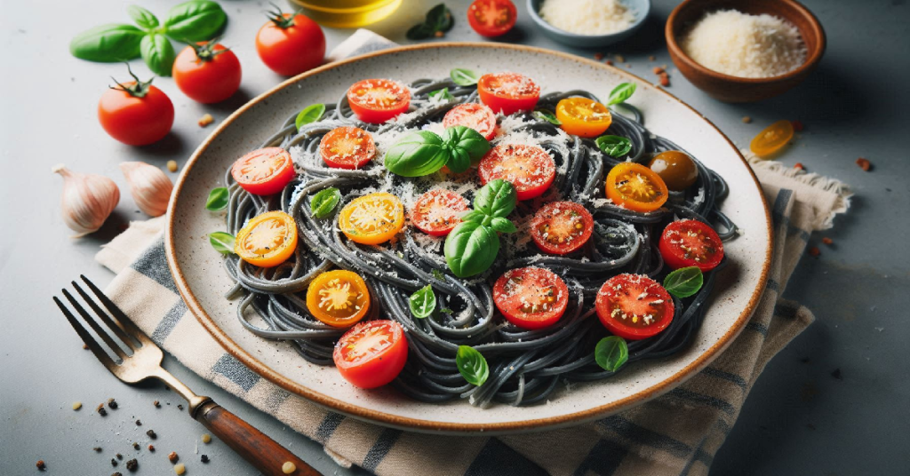 A beautifully plated dish of black squid ink pasta garnished with fresh cherry tomatoes, basil leaves, and grated Parmesan cheese, served on a light-colored plate with fresh ingredients scattered around.