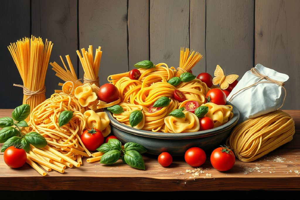 A whimsical and artsy still life featuring 12 different types of pasta beautifully arranged on a rustic wooden table. Include detailed illustrations of spaghetti, penne, fusilli, farfalle, lasagna sheets, ravioli, orecchiette, cavatappi, rigatoni, pappardelle, rotini, and angel hair.