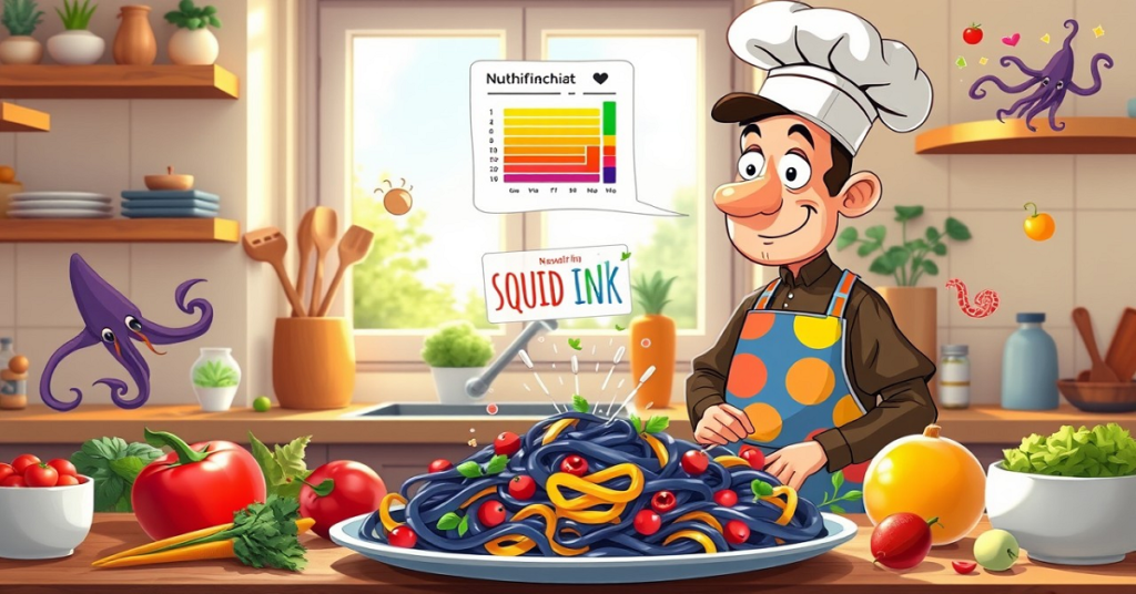 A cheerful cartoon chef in a bright kitchen, presenting a plate of colorful squid ink pasta with vegetables, while playful squid characters and a nutrition chart add a fun and informative touch.