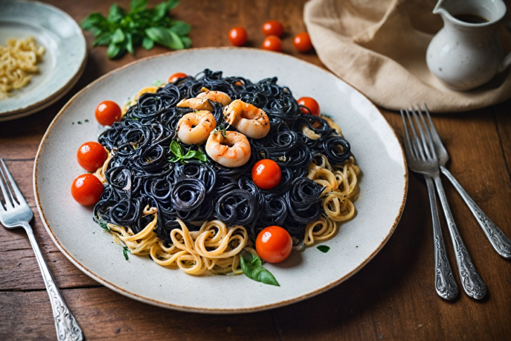 A whimsical still life featuring a plate of squid ink pasta, elegantly twirled into a nest on a rustic wooden table. Surrounding the dish are vibrant Mediterranean ingredients like cherry tomatoes, fresh basil, and garlic, with an artistic splash of olive oil.