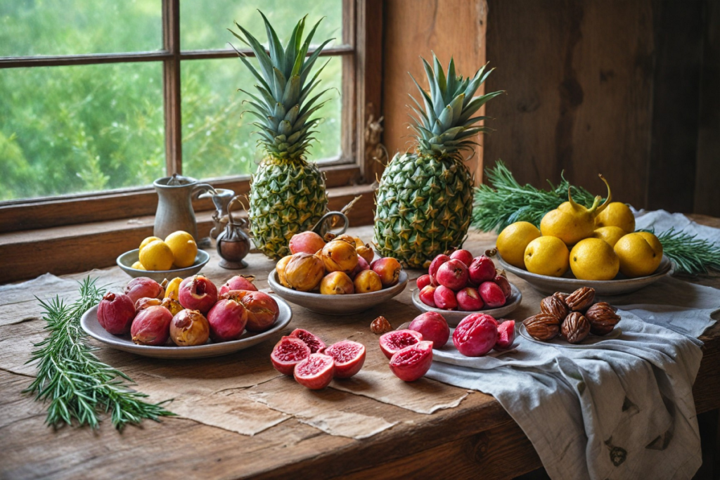 A vibrant and colorful still life composition featuring an array of foods that start with the letter "D," including delicious dates, ripe dragon fruit, dramatic dark chocolate, and fresh dill.