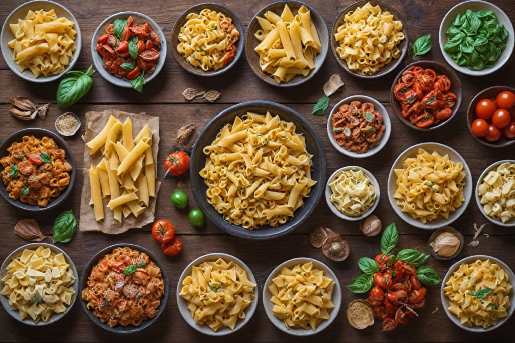 A whimsical, colorful illustration featuring 20 different types of pasta elegantly arranged on a rustic wooden table. Include varieties like spaghetti, penne, fusilli, farfalle, and ravioli, each styled in an artistic way. Surround the pasta with vibrant ingredients like fresh basil, tomatoes, and garlic, and use a soft pastel color palette reminiscent of a classic Italian kitchen.