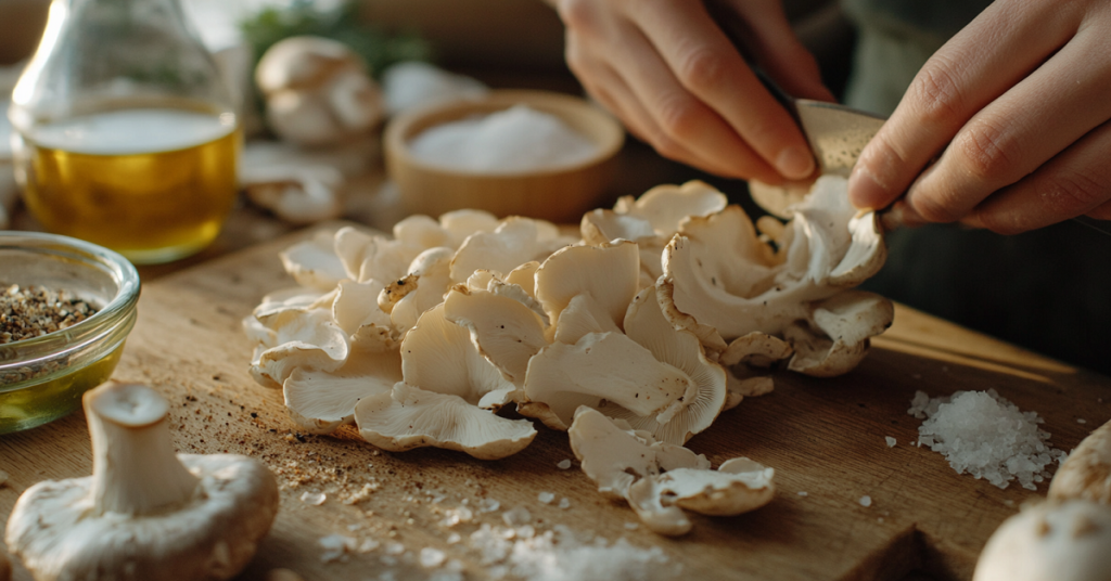 A step-by-step visual guide on preparing oyster mushrooms, featuring a close-up of a cutting board with fresh oyster mushrooms being cleaned and trimmed. The scene includes a small bowl of water for washing, a chef's knife slicing the mushrooms, and neatly arranged seasoning ingredients like garlic, salt, and olive oil. Soft natural lighting illuminates the workspace, highlighting the freshness and textures of the mushrooms, creating an instructional and appetizing atmosphere.