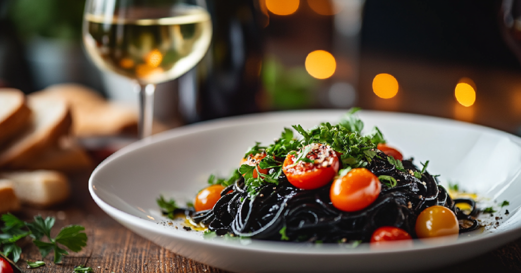 A gourmet close-up of squid ink pasta served on a white plate with cherry tomatoes, parsley, and olive oil, set on a rustic wooden table with a glass of white wine and breadsticks blurred in the background.