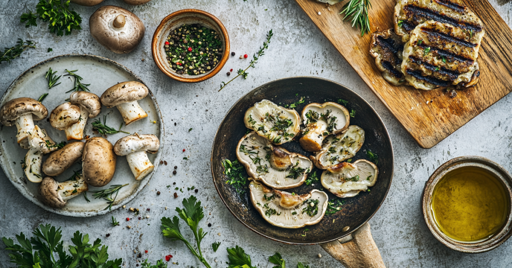 A kitchen scene showcasing the preparation of oyster mushrooms, with a close-up of fresh oyster mushrooms being brushed clean with a soft brush. The background includes a bowl of mushrooms ready to be sliced, a chef's knife beside a wooden cutting board, and small dishes of olive oil, salt, and herbs. Soft, natural lighting highlights the delicate texture of the mushrooms and the simplicity of the preparation process.