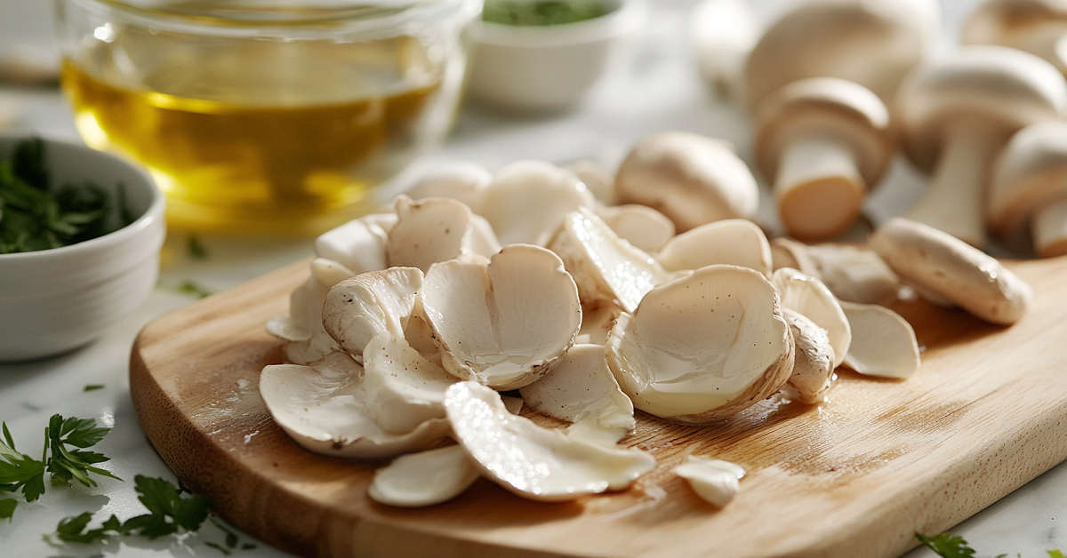 A close-up kitchen scene featuring fresh oyster mushrooms on a wooden cutting board next to a bowl of water. Some mushrooms are being gently brushed clean, while others are placed near the bowl, suggesting a soaking question. In the background, small bowls of olive oil, herbs, and a chef's knife are arranged neatly. Soft, natural lighting emphasizes the preparation process, creating a clean and informative atmosphere.