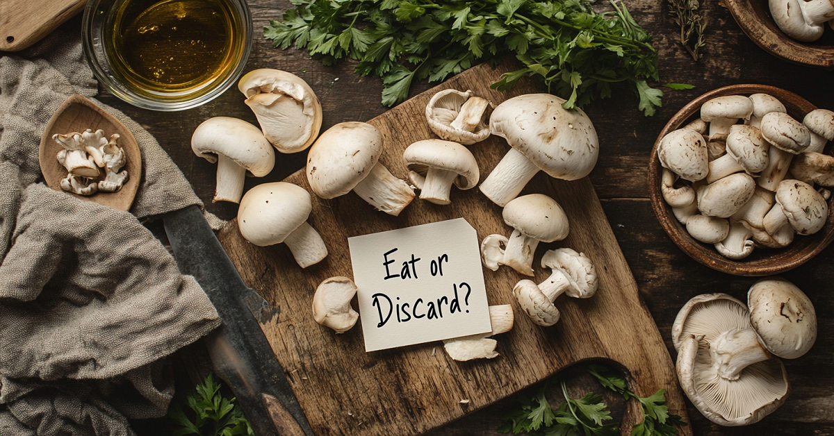 A top-down view of a rustic kitchen scene featuring a variety of oyster mushrooms on a chopping board, with their caps and stems clearly visible. Some mushrooms are whole, while others have their stems being sliced off by a chef's knife. A small note card reading "Eat or Discard?" adds a playful, informative touch. The background includes kitchen herbs, a small bowl of olive oil, and cooking utensils, creating a cozy and inviting atmosphere.