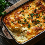 A golden brown baked casserole with melted cheese and fresh parsley in a rustic baking dish.