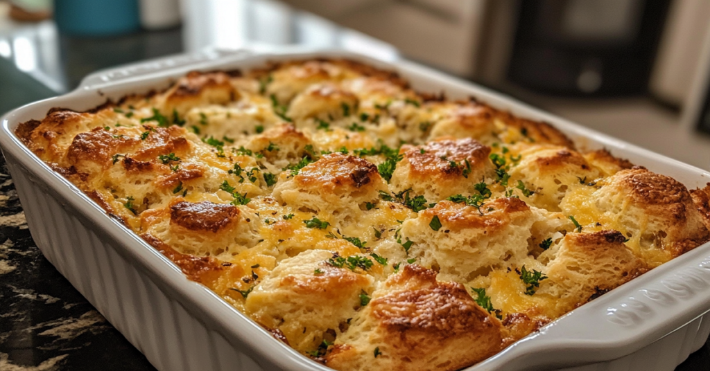 Golden brown, cheesy biscuit casserole garnished with fresh parsley in a white baking dish.