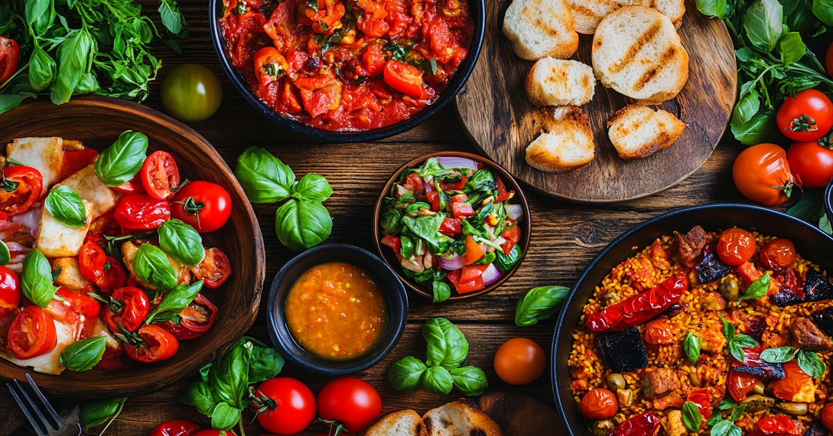 A vibrant spread of Spanish cuisine on a rustic wooden table, featuring dishes like tapas with fresh basil garnish, a traditional paella, and a refreshing salad. Rich colors from ripe tomatoes, olive oil, and peppers are highlighted, with soft natural lighting.