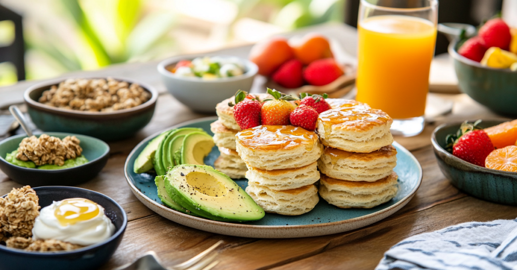 A vibrant breakfast spread featuring golden biscuits, sliced avocado, fresh strawberries, granola, yogurt, and a glass of orange juice.