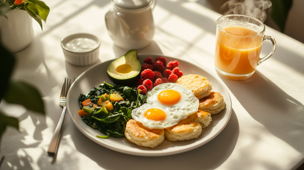 A breakfast plate with fluffy biscuits topped with sausage gravy, served with roasted potatoes and fresh strawberries, with a glass of orange juice in the background.