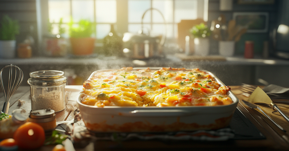 A freshly baked cheesy casserole in a kitchen setting, with steam rising from the top.