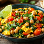 A vibrant bowl of chickpea and vegetable curry with spinach, cherry tomatoes, and a lime wedge, garnished with fresh cilantro.