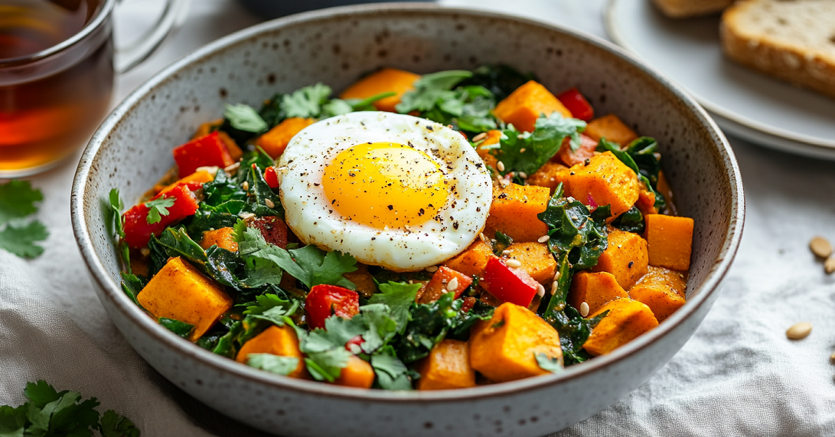 A hearty breakfast bowl with roasted sweet potatoes, sautéed greens, red bell peppers, and a sunny-side-up egg on top.