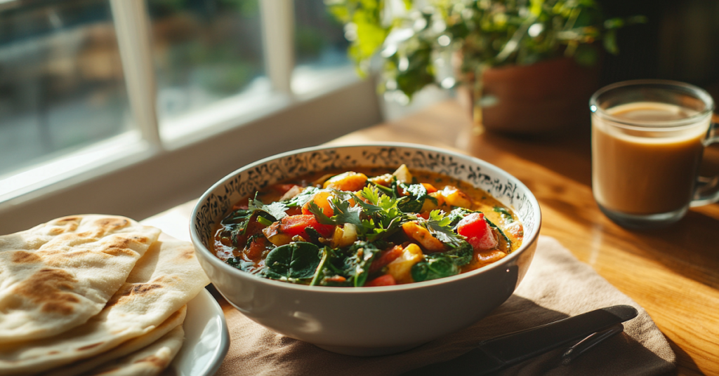 A bowl of vegetable stew garnished with fresh herbs, served with flatbread and a cup of tea by a sunny window.