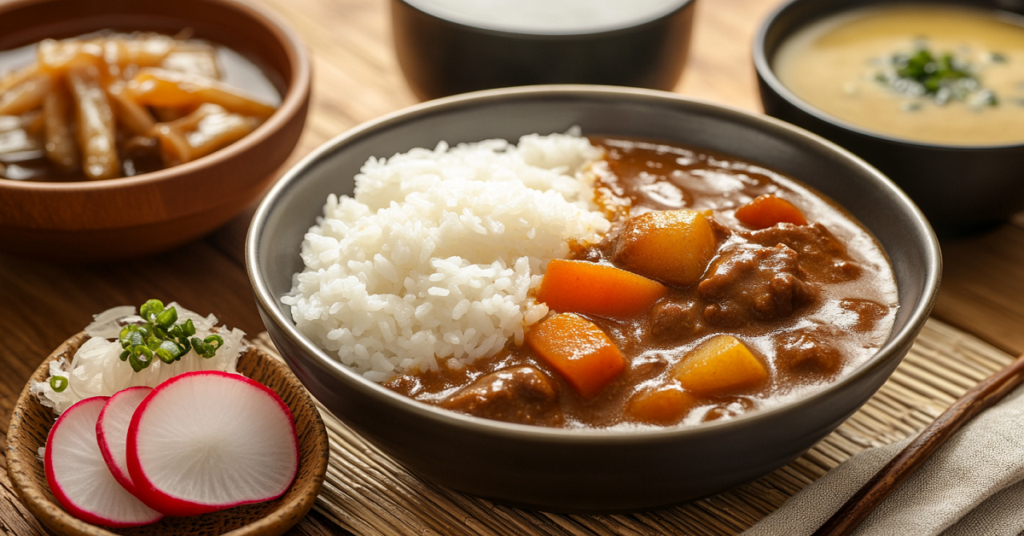 A bowl of Japanese curry with rice, served with radish slices, miso soup, and pickled vegetables.