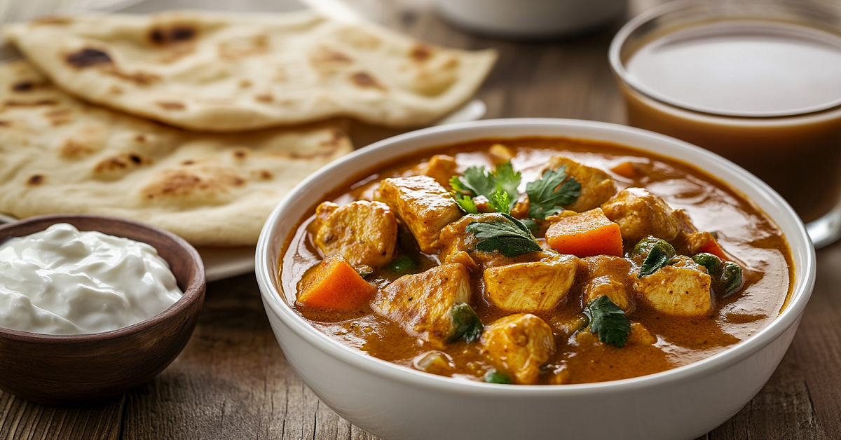 A bowl of Indian curry with paneer, vegetables, naan bread, a bowl of yogurt, and a glass of chai.