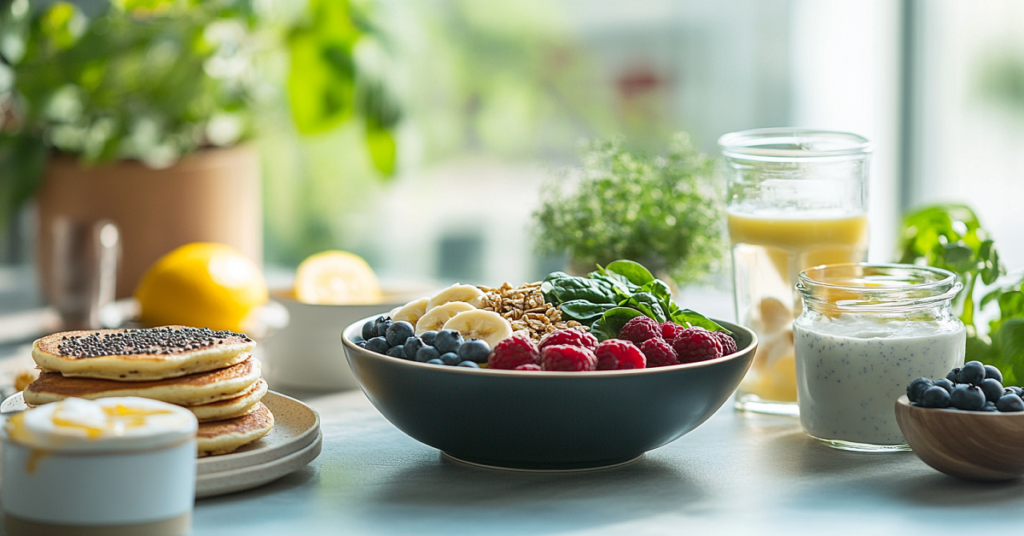 A healthy breakfast spread with a smoothie bowl topped with fresh berries, banana slices, granola, and a side of pancakes with yogurt.