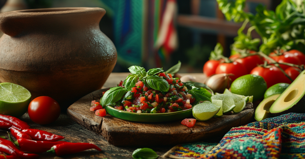 A vibrant Mexican kitchen scene featuring the use of basil in traditional dishes, with a colorful spread including fresh basil leaves, Mexican salsa garnished with basil, tomatoes, avocados, limes, and chili peppers. A rustic clay pot and traditional Mexican textiles add to the authentic atmosphere, highlighted by soft natural lighting