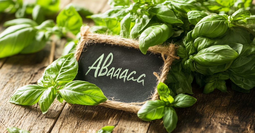 A close-up image of a chalkboard with the word 'Albahaca' elegantly written on it, surrounded by fresh, vibrant green basil leaves. The scene includes a rustic wooden table with a small bunch of basil tied with natural string beside the chalkboard. Soft natural lighting creates gentle shadows, adding to the inviting and earthy atmosphere reminiscent of traditional Spanish markets.