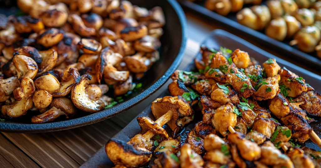 A close-up of a variety of oyster mushroom dishes, including sautéed, fried, and grilled preparations. The scene features a rustic wooden table with a cast-iron skillet of golden sautéed oyster mushrooms, a plate of crispy fried oyster mushrooms with dipping sauce, and skewers of grilled oyster mushrooms garnished with fresh herbs. Soft, warm lighting accentuates the textures and colors, making the dishes look inviting and appetizing.