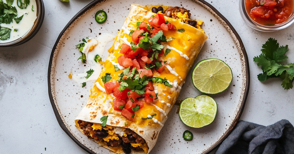 A breakfast burrito topped with melted cheese, fresh pico de gallo, and garnished with lime wedges and cilantro.