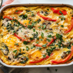 A baked egg casserole with mushrooms, bell peppers, and fresh herbs, served in a white baking dish.