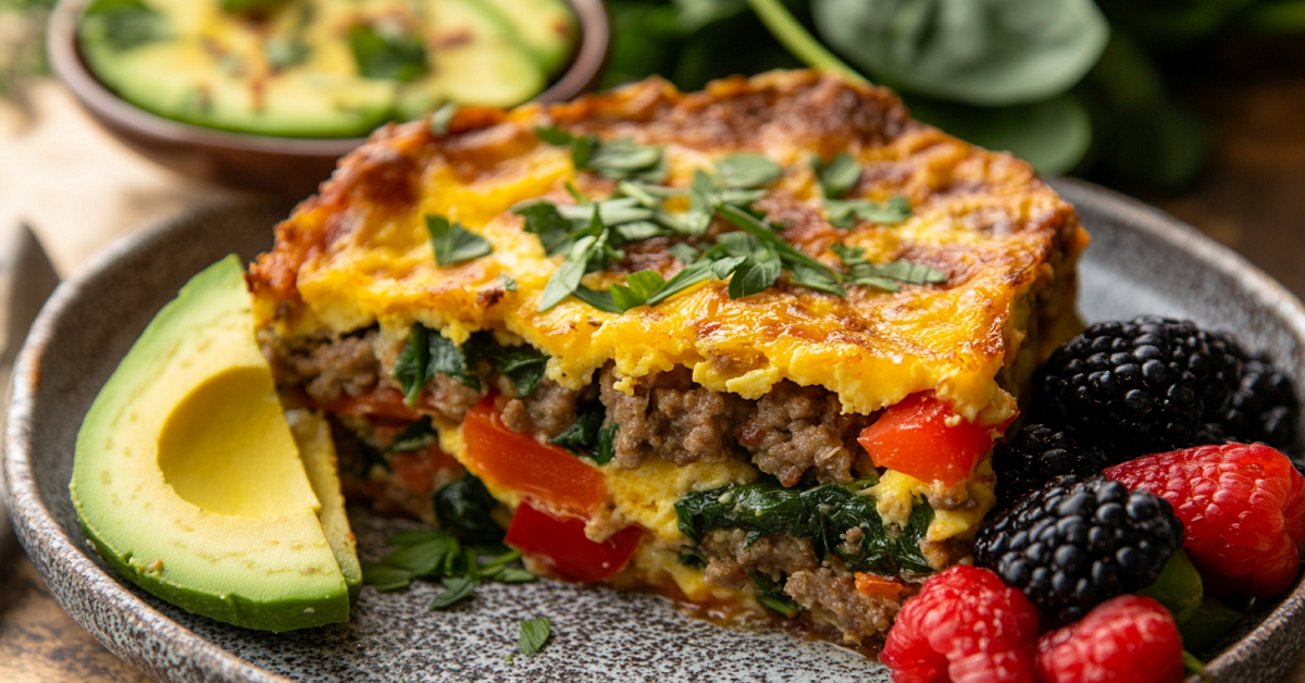 A slice of breakfast casserole with sausage, bell peppers, and spinach, served with avocado slices and fresh berries.