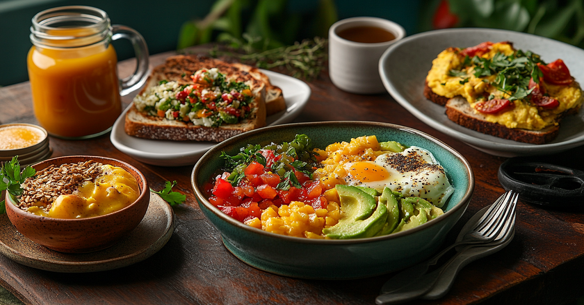 A diverse breakfast spread featuring a bowl with fried eggs, avocado, corn, tomatoes, and other dishes like toast, scrambled eggs, and orange juice.