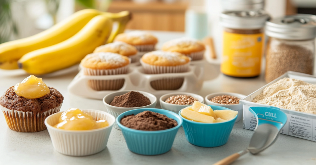 A baking setup with various ingredients like cocoa powder, butter, lemon curd, and muffins, along with ripe bananas in the background.