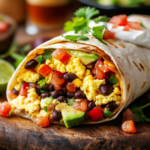 A breakfast burrito filled with scrambled eggs, black beans, avocado, and salsa, garnished with fresh cilantro and a dollop of sour cream.