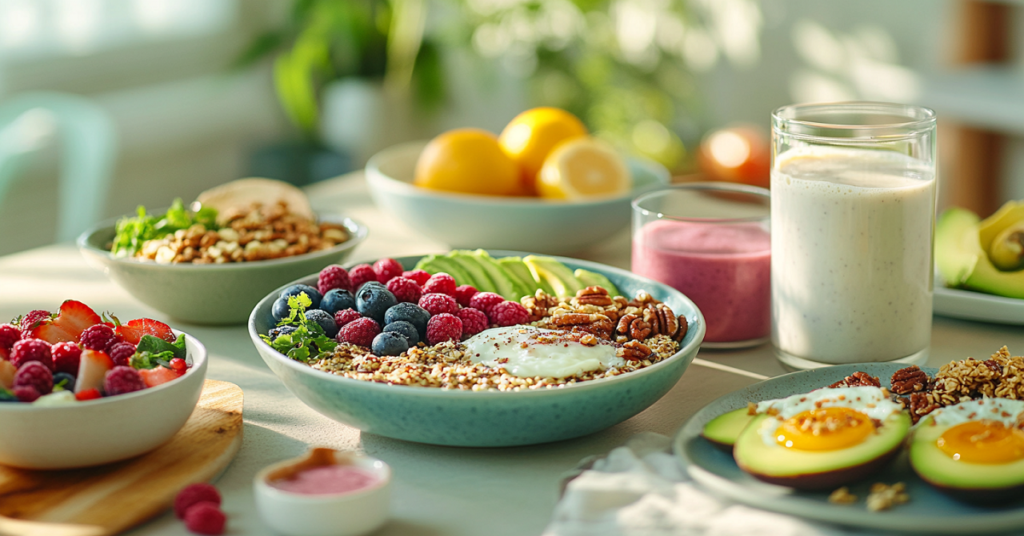 A colorful breakfast spread featuring a bowl with fresh berries, avocado slices, nuts, and yogurt, served alongside smoothies and other breakfast items.