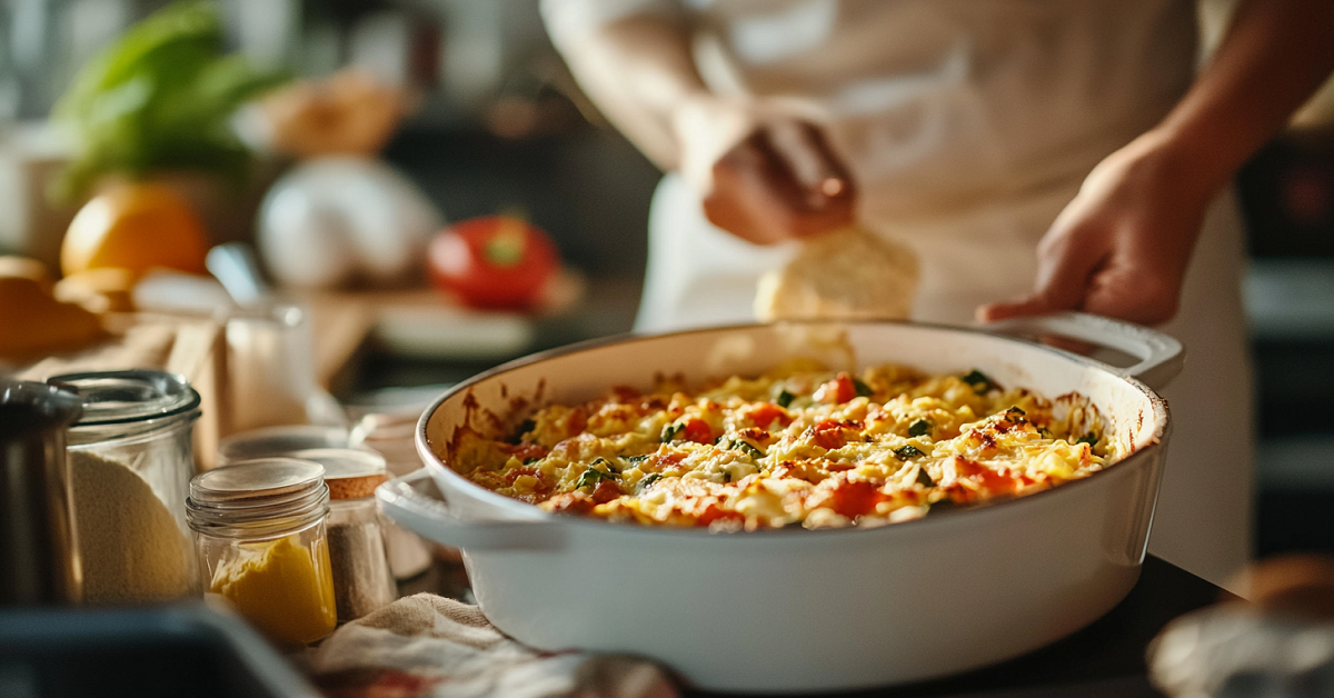 A person preparing a baked vegetable casserole in a white dish, surrounded by fresh ingredients on a kitchen counter.