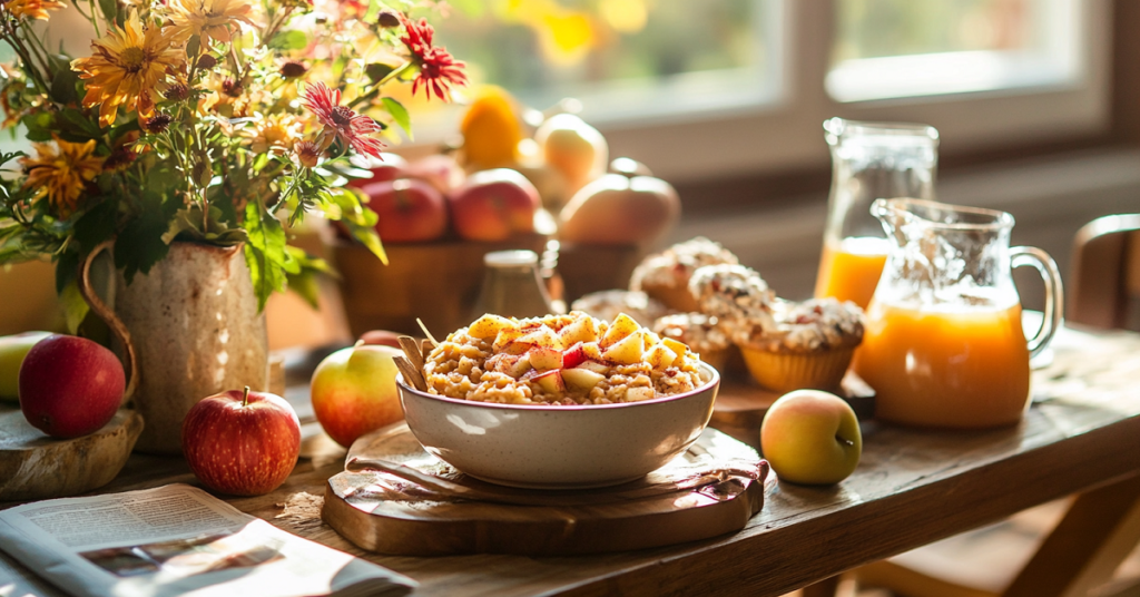 A cozy breakfast table featuring a bowl of granola, fresh apples, muffins, and a pitcher of orange juice, with flowers in the background.