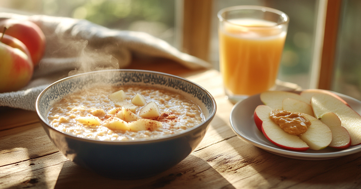 A steaming bowl of oatmeal topped with diced apples and cinnamon, accompanied by a glass of orange juice and apple slices with peanut butter on a plate.