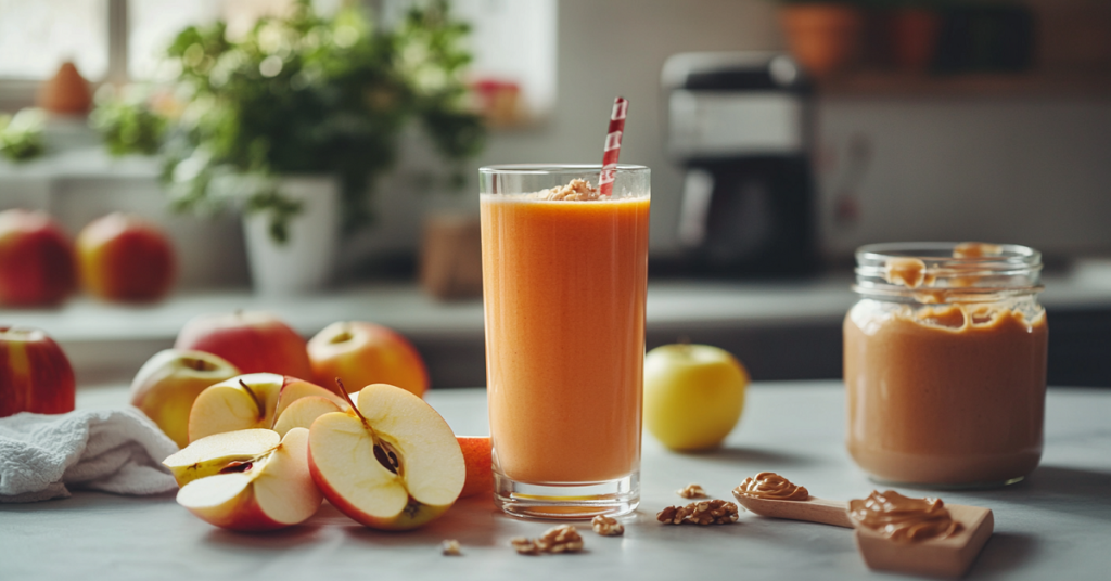 Fresh apple smoothie and apple butter on a kitchen counter with sliced apples and a jar of granola.