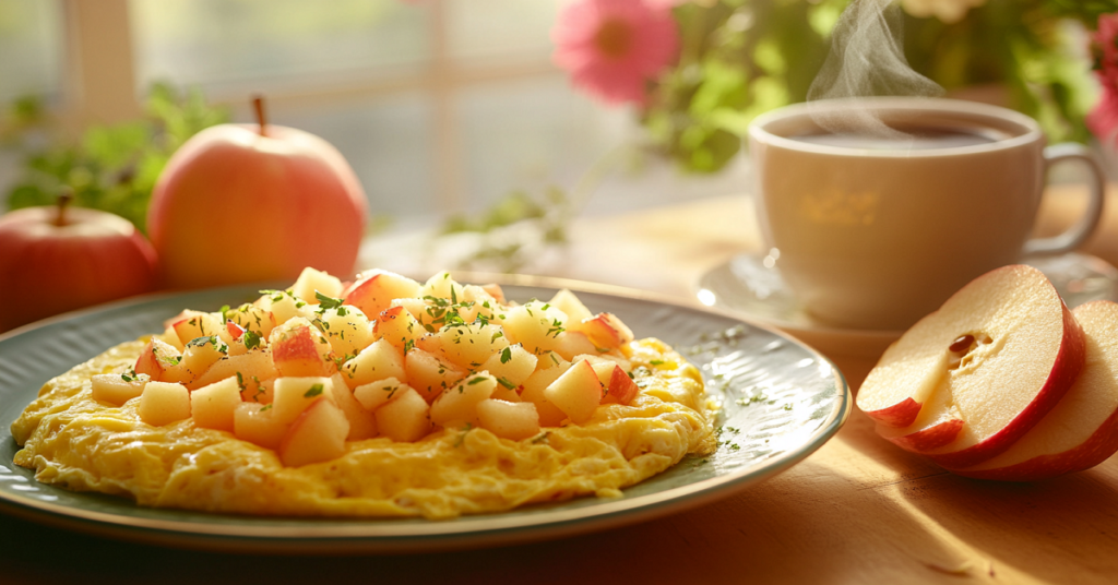 Omelet topped with diced apples, served with a steaming cup of coffee and fresh apple slices.