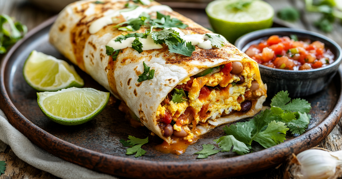 A breakfast burrito filled with scrambled eggs, beans, and vegetables, garnished with fresh cilantro and lime wedges.