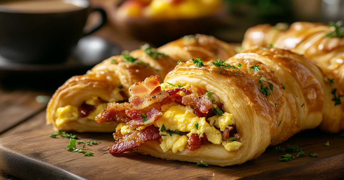 Breakfast pastry filled with scrambled eggs and crispy bacon on a wooden serving board.