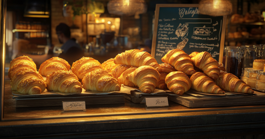 Display of freshly baked croissants and pastries at a bakery.