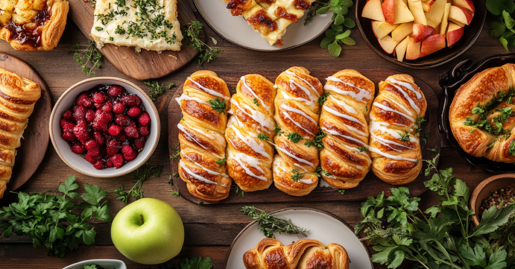 Assorted pastries with icing, herbs, fresh fruits, and leafy greens on a rustic wooden table.